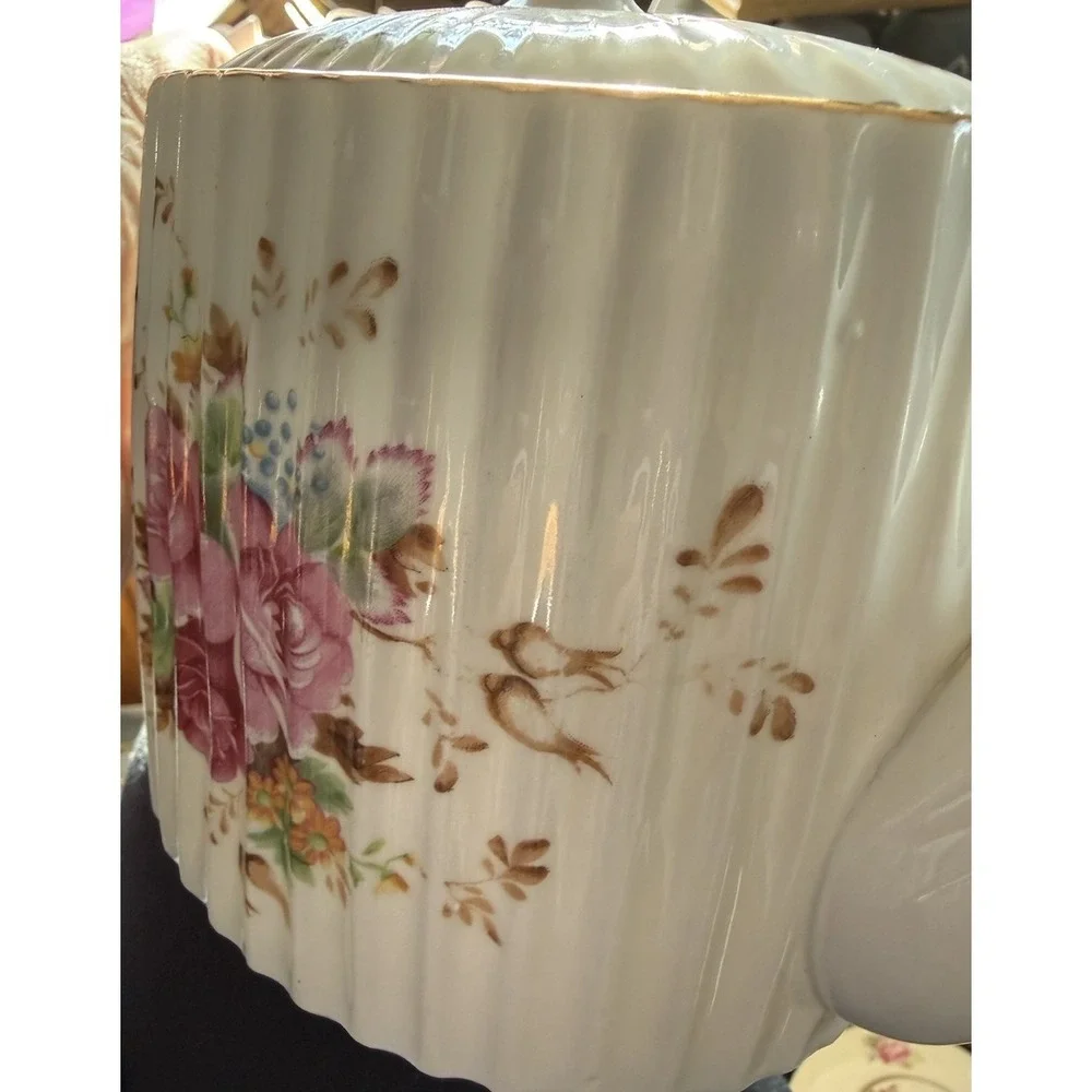 Vintage Ellgreave Woods &‎ Sons Teapot Genuine Ironstone Gold Trim Floral W/Lid